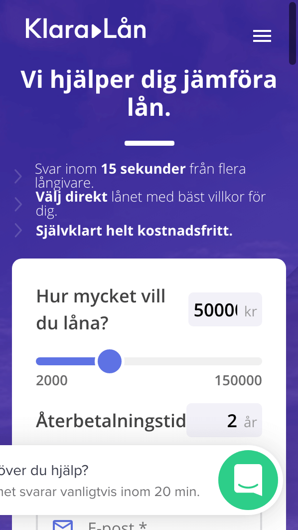 skärmavbild Klara Lån